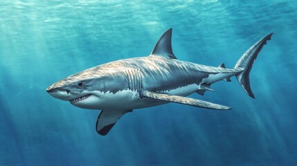Fototapeta premium A majestic great white shark swimming effortlessly through clear, blue water, with its streamlined body and powerful tail visible in the underwater scene.