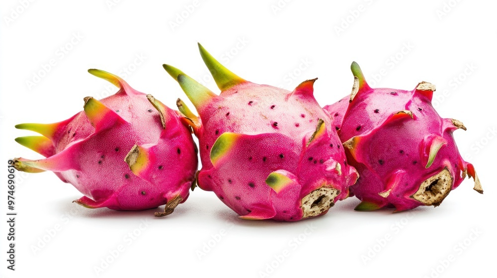 Sticker Three vibrant dragon fruits arranged on a white background.