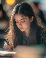 A young woman studying intently while writing in a notebook.