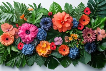 Obraz premium lush garden arrangement with vibrant flowers and varied foliage colorful botanical composition isolated on white showcasing natural beauty and diversity