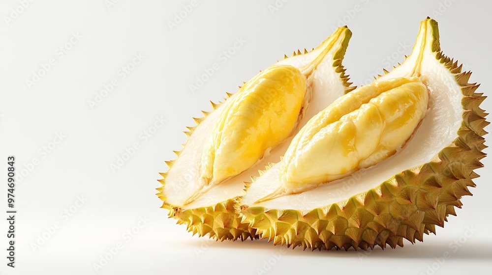 Poster ripe durian fruit cut in half isolated on white background clipping path : generative ai
