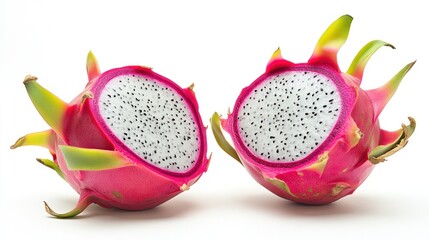 Two halves of a vibrant dragon fruit showcasing its unique texture and color.