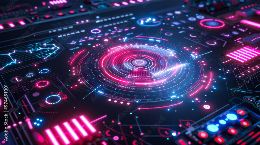 Poster advanced system with round neon digital chip on dark background with purple neon light. technology c
