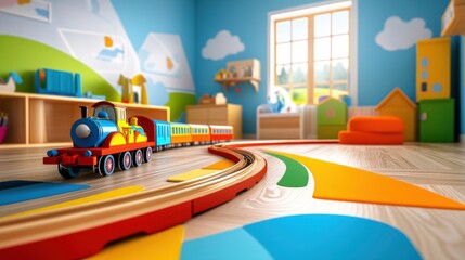 A colorful 3D toy train set with wooden tracks winding through a vibrant playroom