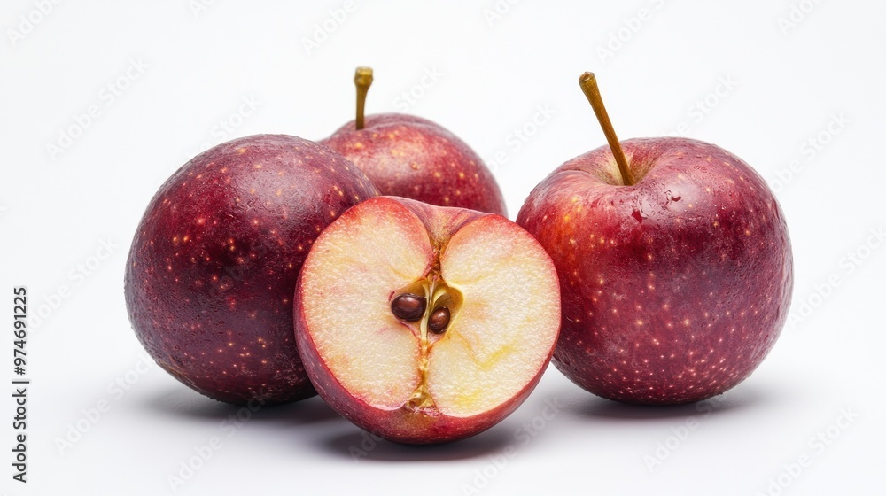 Poster Three red apples, one sliced, showcasing their juicy interior and seeds.