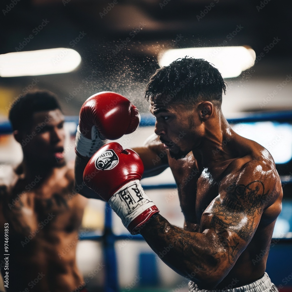 Poster Two boxers training in a gym, showcasing intense focus and athleticism.