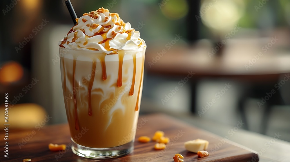 Poster iced caramel latte topped with whipped cream and caramel sauce refreshing and sweet coffee drink : g