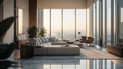 Modern living room with panoramic city views and elegant furniture at sunset.