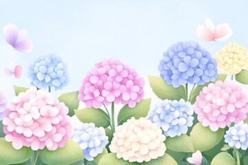 A serene illustration of vibrant hydrangea flowers in various pastel colors against a soft blue background.