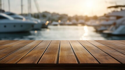 A wooden table in the foreground with a blurred marina and boats in the background at sunset.