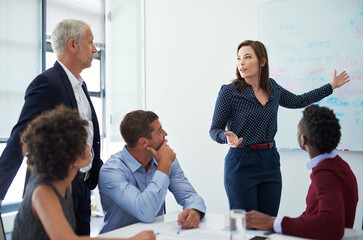 Business people, pitch meeting and data presenter with aboard with ceo and ideas in seminar....