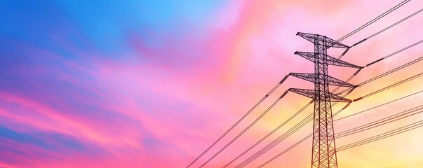 A vibrant sunset sky illuminated with shades of pink and blue, featuring a silhouette of a power line tower.