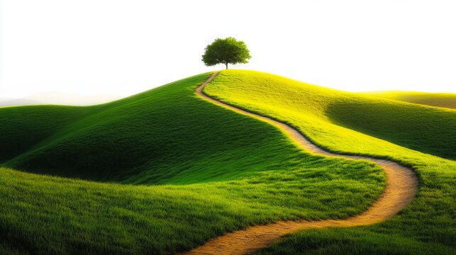 A lone tree on top of a green hill with a dirt road going through it