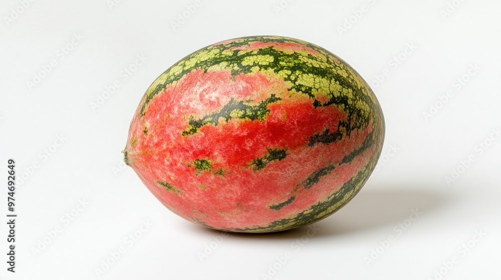 Wall mural A whole watermelon with a striped green and red exterior, ready for consumption.