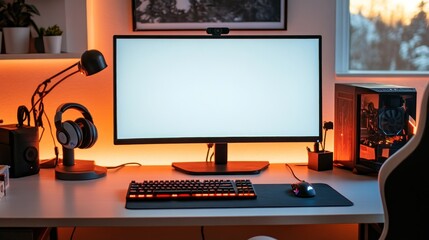 A modern workspace featuring a computer setup with a monitor, keyboard, and accessories.