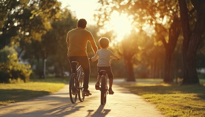 Father And Son Bonding Over Bike Riding: A Heartwarming Scene Of A Father Teaching His Son To Ride A Bicycle In The Park.
