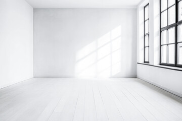 Empty room interiors in neutral tones with a mix of natural window lighting and shadows. Property interior with no furniture or decor.