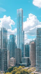 Fototapeta premium A Towering Symphony of Glass and Steel: Modern Skyscrapers Reach for the Blue Sky