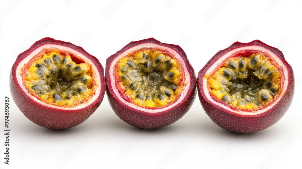 Canvas Prints Three halved passion fruits showcasing their vibrant pulp and seeds.