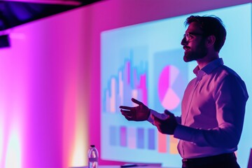 A young business professional speaker on stage at lectern making a speech with a projected visualization behind him in a meeting room. Generative AI
