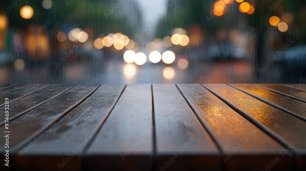 Sticker A rainy street scene with blurred lights and reflections on a wooden table.