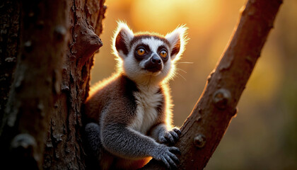 Lemur perched on a tree branch with a glowing sunset in the background