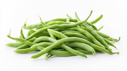 A pile of fresh green beans arranged on a white background.