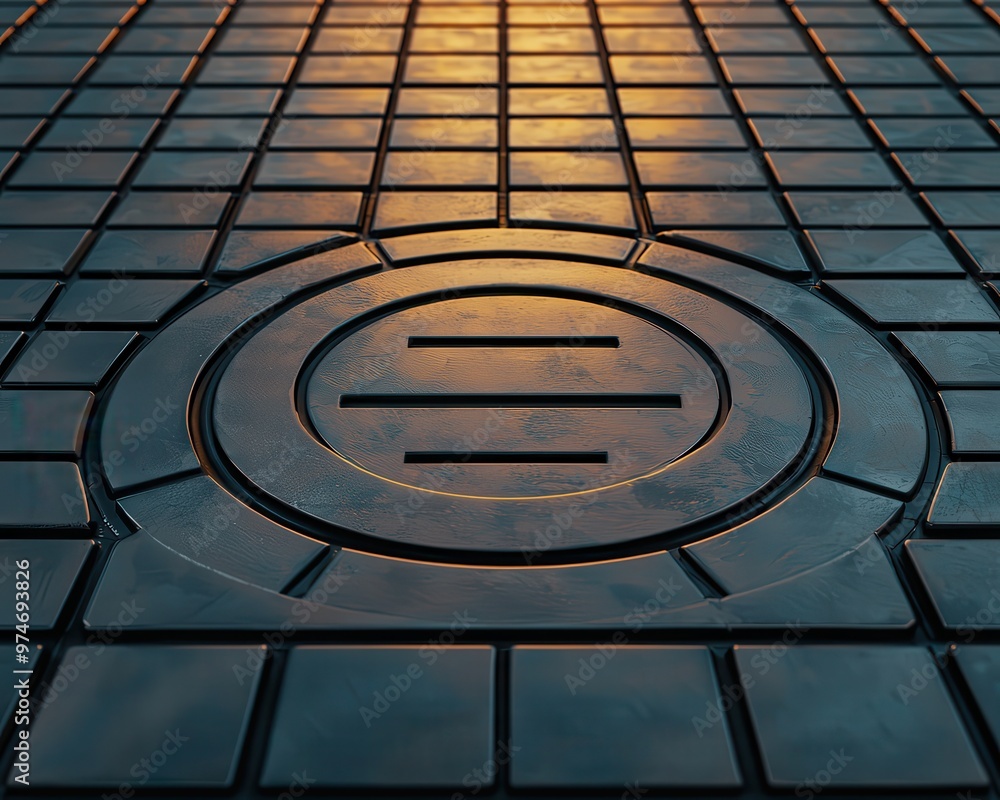 Poster close-up view of a textured, geometric surface with a circular design illuminated by warm light, sho
