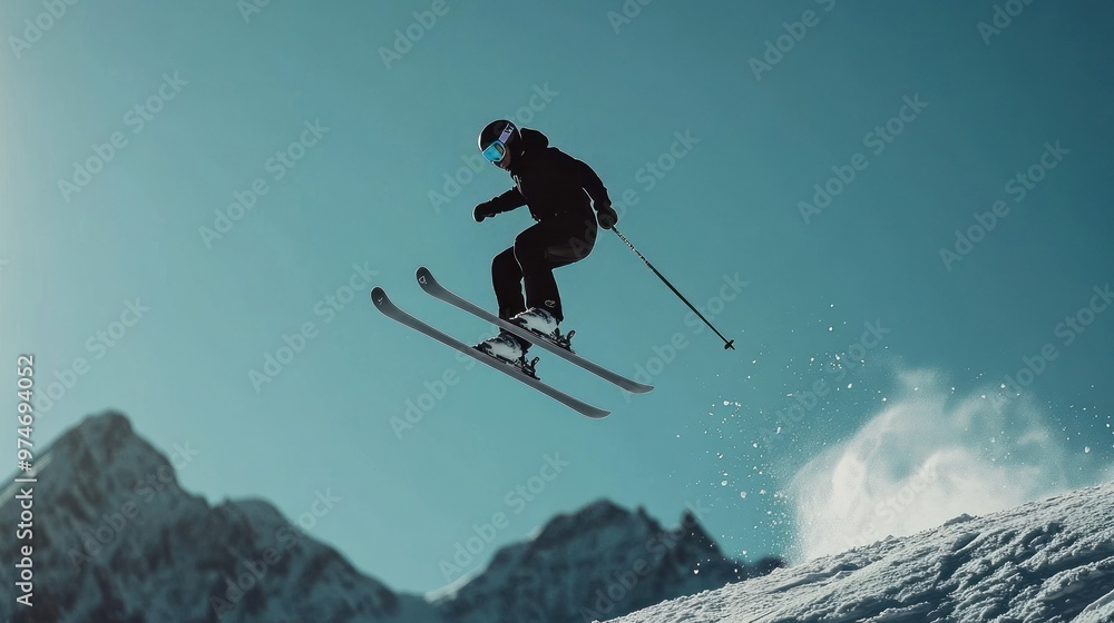 Sticker A skier performing a jump against a mountain backdrop, showcasing winter sports action.