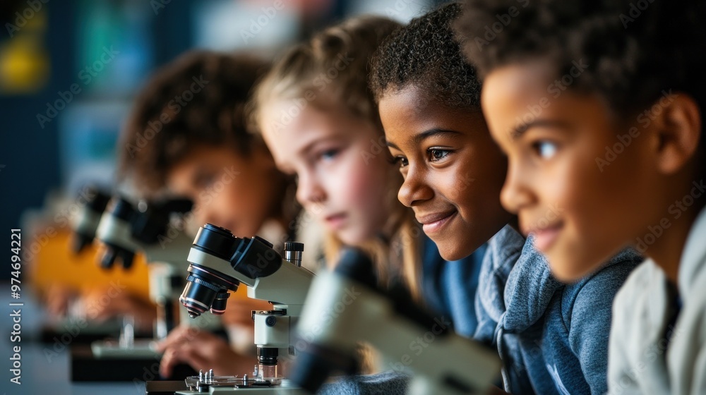 Poster children engaged in science, using microscopes in a classroom setting.