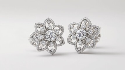 A pair of diamond earrings with intricate designs, resting on a white background. The clarity of the diamonds and the shine of the metal are perfectly captured in the clean setting.