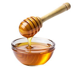 Pouring honey from a wooden honey dipper, isolated on a transparent background.

