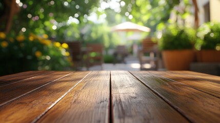 A serene outdoor scene featuring a wooden table with a blurred garden background.
