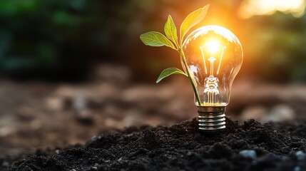 A light bulb with a sprouting plant symbolizes innovation, sustainability, and growth in nature, blending light and life.