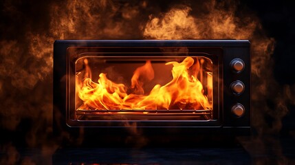 Intense Flame in Toaster Oven Product Photography on Dark Background - Hyperrealistic High Resolution Studio Lighting Shot with Detailed Flames