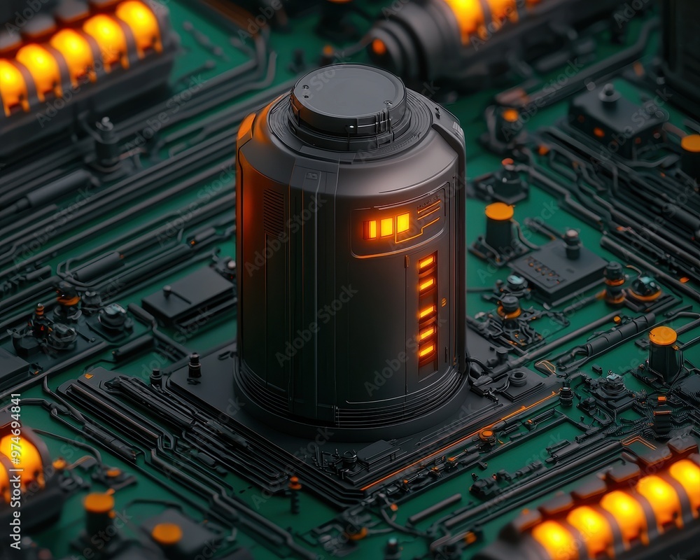 Poster futuristic circuit board with glowing components and a central robotic unit, embodying advanced tech