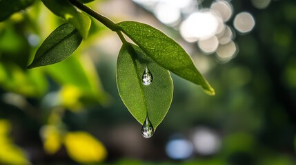 Obraz premium Raindrops on a Green Leaf
