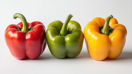 Three colorful bell peppers arranged side by side on a neutral background.
