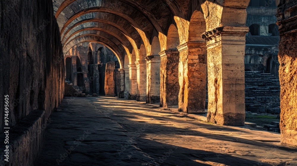 Poster Ancient stone arches illuminated by soft light, creating a serene and historical atmosphere.