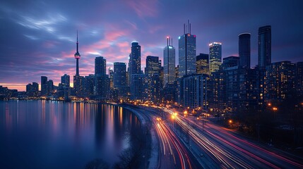 Obraz premium Illuminated Skyscrapers and Light Trails on a City Street at Twilight