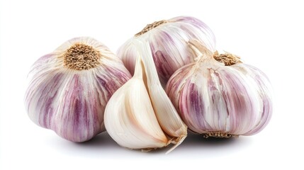 A cluster of garlic bulbs, showcasing their distinct purple skin and white cloves.