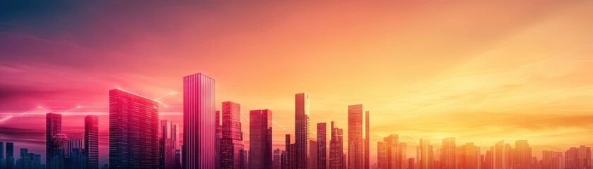 Obraz premium Stunning city skyline at sunset, featuring vibrant colors and towering buildings against a dramatic sky.