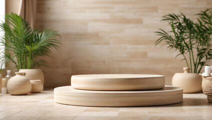 Travertine Empty Round Podium on Blurred