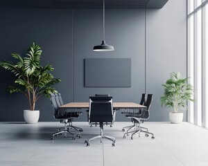 Stylish conference room featuring modern furniture, greenery, and abundant natural light for effective meetings and collaboration.