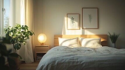 Cozy bedroom with natural light, plants, and minimalist decor.