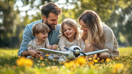 Fototapeta premium Happy young family dad mom and two children daughters playing with an airplane sitting in a meadow on the grass in the park on a warm sunny day having fun on a day off : Generative AI