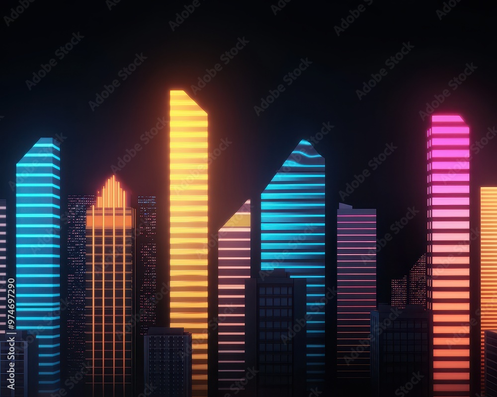 Poster vibrant city skyline with illuminated skyscrapers displaying colorful light patterns against a dark 