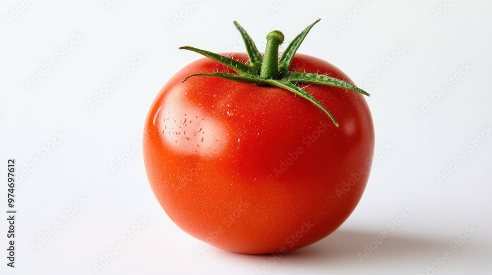 Wall mural A fresh, ripe red tomato with green leaves on a white background.