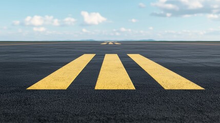 View of a runway with yellow stripes leading towards a clear blue sky, symbolizing travel and aviation.