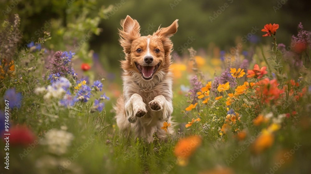 Poster a playful photo of a dog bounding through a field of colorful wildflowers, with its fur and flowers 